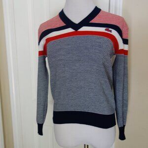 Vtg IZOD LACOSTE Hong Kong Red White Blue Stripe Acrylic Sweater Wmns 18